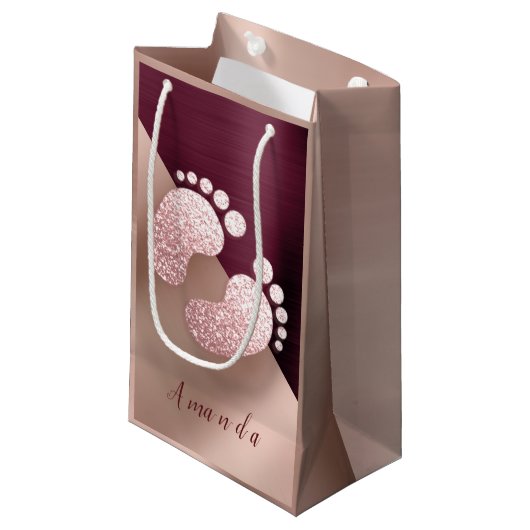 マルサラネームベビー足バラ金ゴールドベビーシャワーピンク スモールペーパーバッグ (正面アングル)