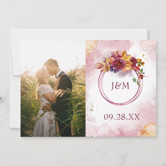 マルサラバラ金ゴールド水彩エレガント葉写真 セーブザデート (正面)