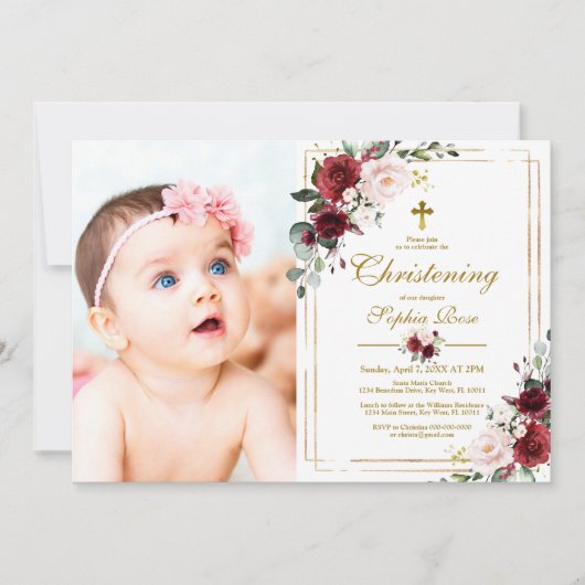 マルサラバラ&金ゴールドフレームフォトガール《キリスト教》洗礼式や命名式 招待状 (正面)