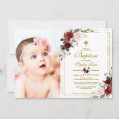 マルサラバラ&金ゴールドフレーム写真ガールバプテスマ 招待状 (正面)