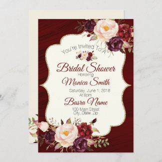 マルサラバーガンデーウォーターカラーフローラブライダルシャワー 招待状