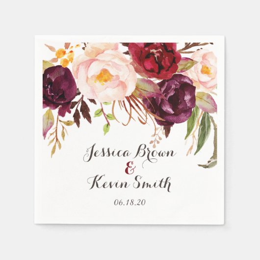 マルサラバーグンディパーソナライズされたフローラ結婚ズ–2 スタンダードカクテルナプキン (正面)