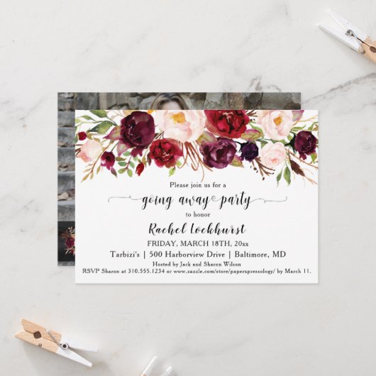 マルサラピンクの花々が遠くにパーティー別れ 招待状 (正面/裏面インサイチュ)