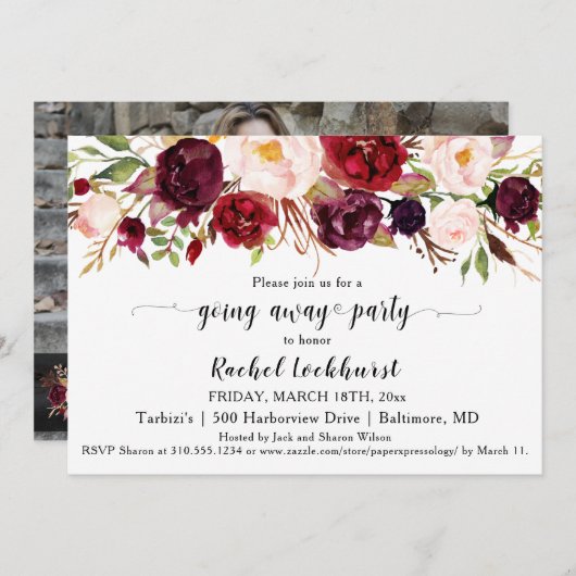 マルサラピンクの花々が遠くにパーティー別れ 招待状 (正面/裏面)