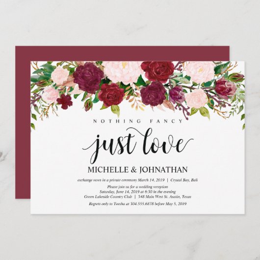 マルサラピンクの花のウェディングエロープメントレセプション 招待状 (正面/裏面)