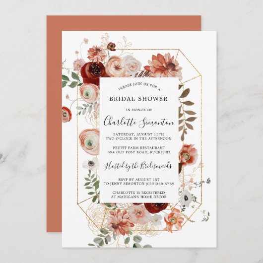 マルサラピンクテラコッタフローラブライダルシャワーインヴィット 招待状 (正面/裏面)