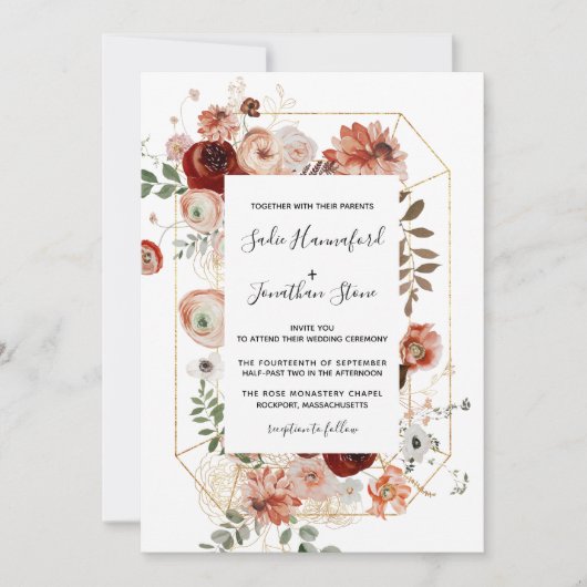 マルサラピンクテラコッタフローラ幾何結婚の 招待状 (正面)
