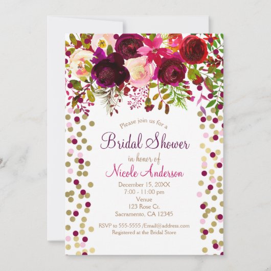 マルサラピンクフラワーズフローラエレガントブライダルシャワー 招待状 (正面)