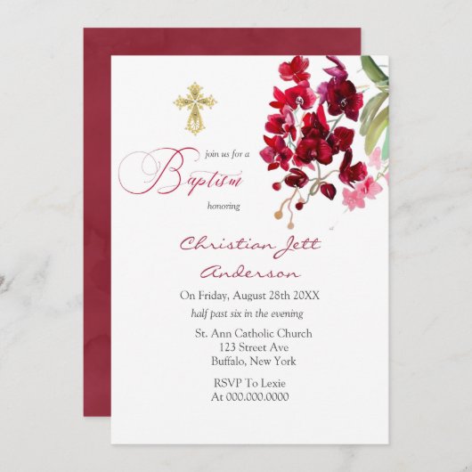 マルサラピンクフローラ金ゴールドクロスバプテスマ招待状 招待状 (正面/裏面)