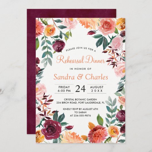 マルサラピンクボタニカルリハーサルディナーカード 招待状 (正面/裏面)