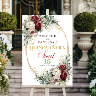 マルサラフラワーユーカリゴールドのQuinceañeraウェルカム ポスター