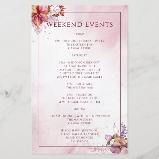 マルサラフローラエレガントなウェディングウェルカム旅程 (裏面)