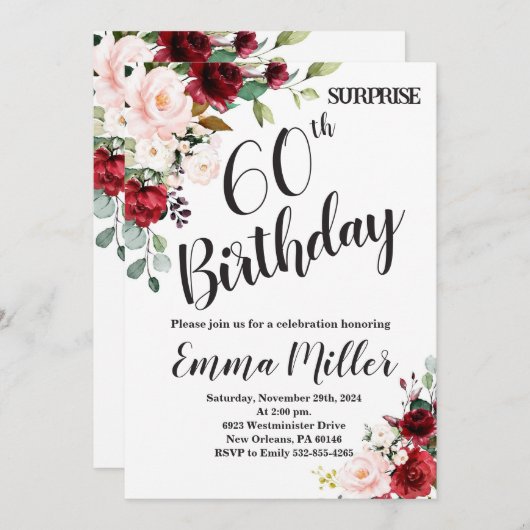 マルサラフローラサプライズ60誕生日 招待状 (正面/裏面)