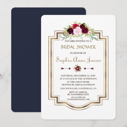 マルサラフローラネイビーブルー金ゴールド秋ブライダルシャワー 招待状 (正面/裏面)