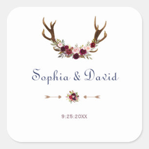 マルサラフローラ〔雄ジカの〕枝角ネイビーブルー秋の結婚式 スクエアシール