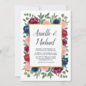 マルサラブルガンディネイビーブルー金ゴールド赤面秋の結婚式 招待状 (正面)