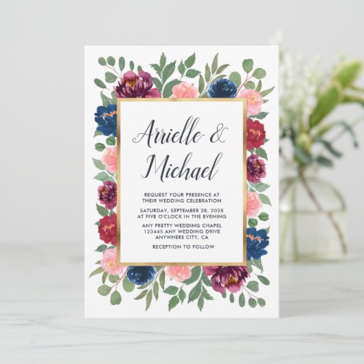 マルサラブルガンディネイビーブルー金ゴールド赤面秋の結婚式 招待状 (スタンド正面)