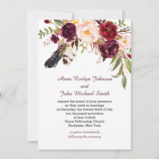 マルサラブルガンディホワイトローゼズフェザーズボホ結婚ズ 招待状 (正面)