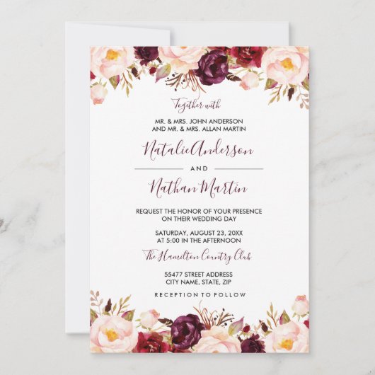 マルサラブルガンディレッドウォーター色結婚フローラ 招待状 (正面)