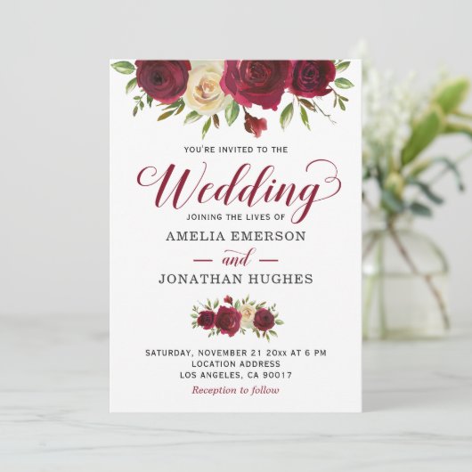 マルサラブルガンディレッドフローラ秋ウィンターウェディング 招待状 (スタンド正面)