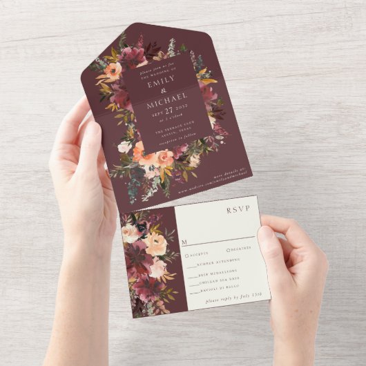 マルサラブルガンディーピーチウォーターのカラーフローラ オールインワン招待状 (貼ってはがせる)