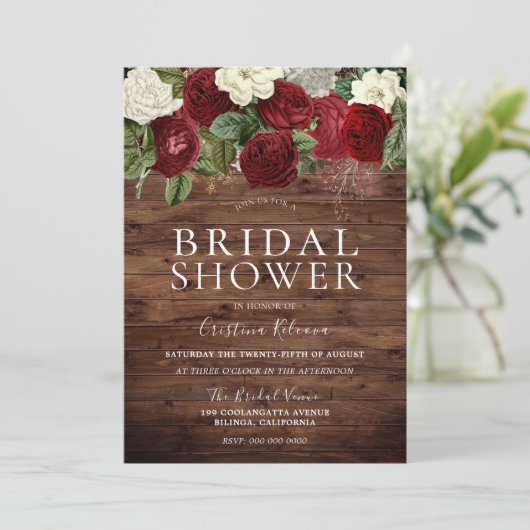 マルサラブルグンディ素朴レッドローゼスブライダルシャワー 招待状 (スタンド正面)