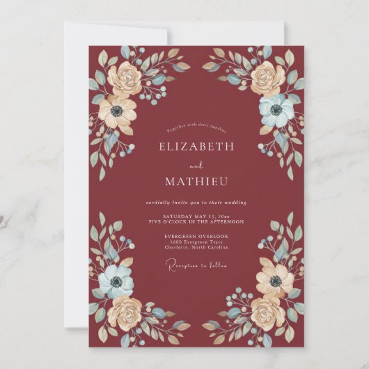 マルサラブルーの芍薬の結婚式 招待状 (正面)