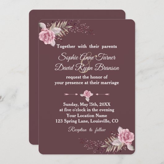 マルサラマルーンフローラ水彩結婚式の招待 招待状 (正面/裏面)