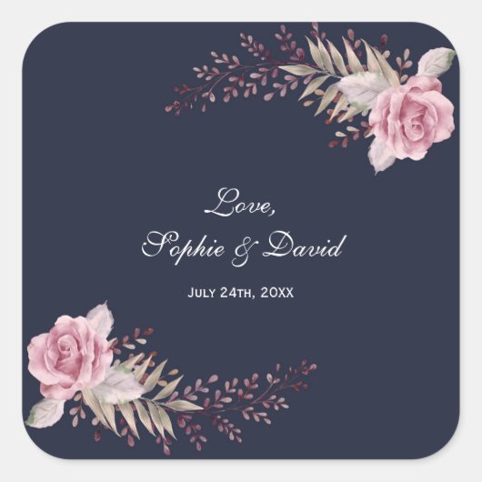 マルサラマルーン海軍フローラ水彩色結婚の スクエアシール (正面)