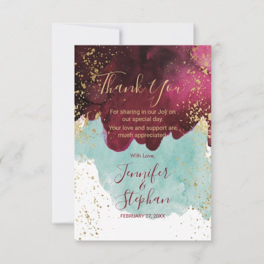 マルサラレッドティール(緑がかった色)水カラー金ゴールドスプラッシュありがとう サンキューカード (正面)