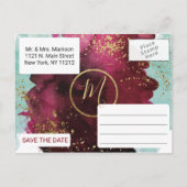 マルサラレッドティール（緑がかった色）水カラー金ゴールドスプラッシュ救日付 案内ポストカード (裏面)