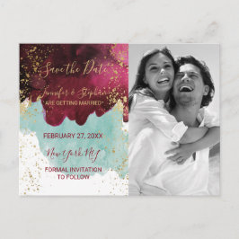 マルサラレッドティール（緑がかった色）水カラー金ゴールドスプラッシュ救日付 案内ポストカード