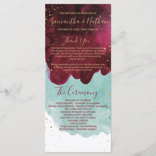 マルサラレッドティール(緑がかった色)水彩金ゴールド結婚式 プログラム (正面)