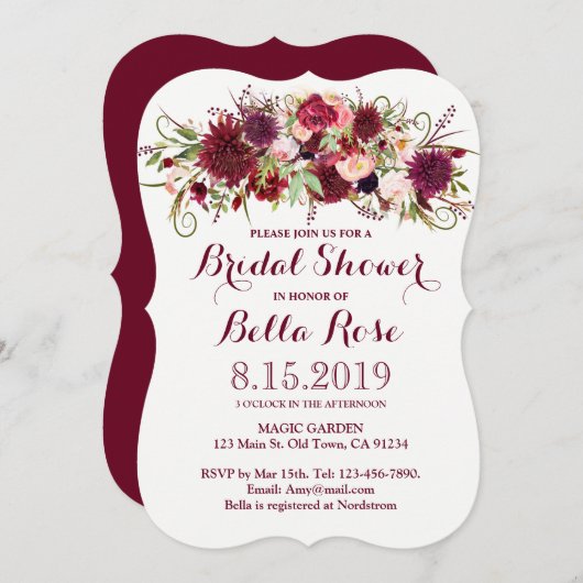 マルサラレッドブルゴーニュフローラブライダルシャワー招待状 招待状 (正面/裏面)