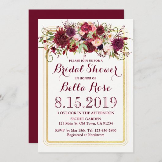 マルサラレッドブルゴーニュ金ゴールドブライダルシャワー招待状 招待状 (正面/裏面)