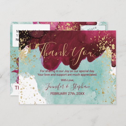 マルサラレッド ティール ウォーターカラー ゴールド スプラッシュ サンクス ポストカード (正面/裏面)