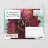 マルサラレッド ティール ウォーターカラー ゴールド スプラッシュ サンクス ポストカード (裏面)