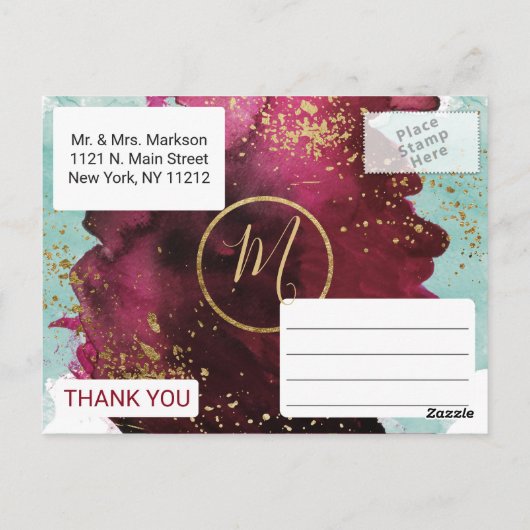 マルサラレッド ティール ウォーターカラー ゴールド スプラッシュ サンクス ポストカード (裏面)