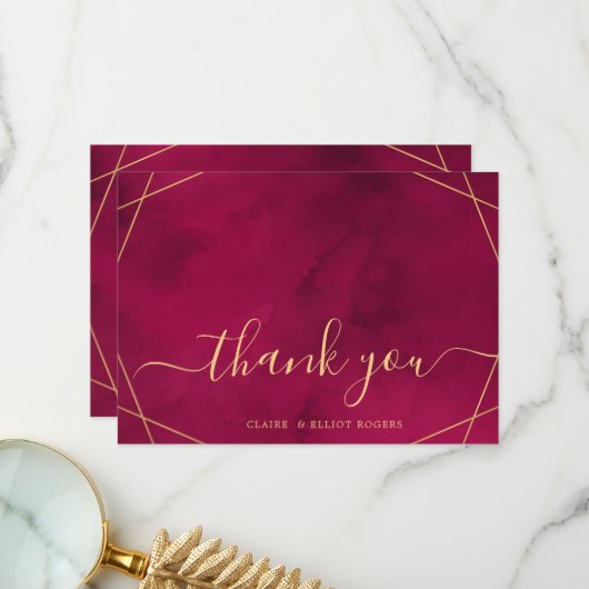 マルサラレッド·バーガンディ·ウモダンォーターカラーありがとう サンキューカード (正面/裏面インサイチュ)