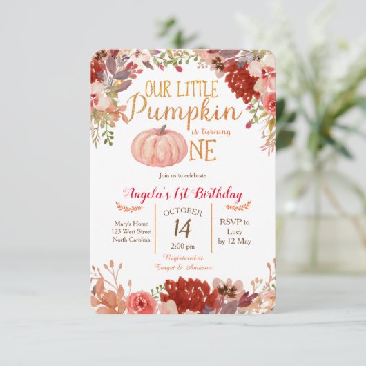 マルサラ素朴パンプキンファースト誕生日招待状 招待状 (スタンド正面)