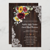 マルサラ素朴フローラひまわりウッドレース結婚ズ 招待状 (正面/裏面)