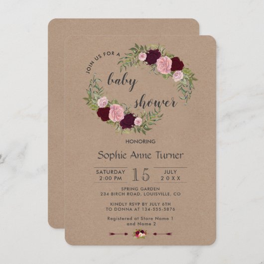 マルサラ素朴フローラクラフト紙ベビーシャワー 招待状 (正面/裏面)