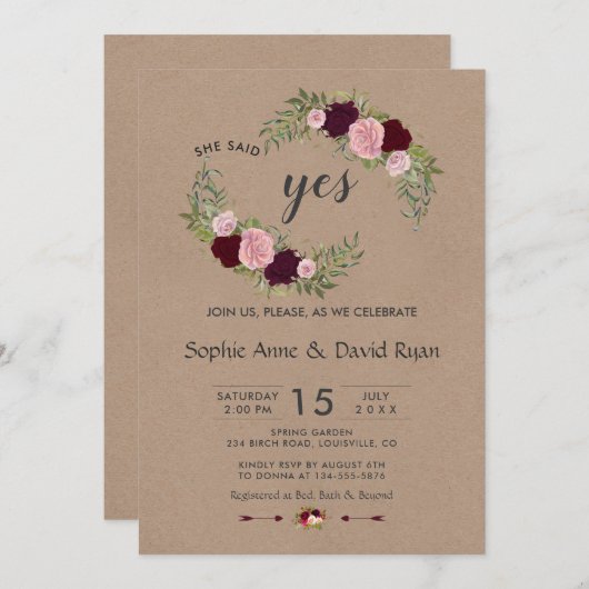 マルサラ素朴フローラクラフト紙婚約パーティ 招待状 (正面/裏面)