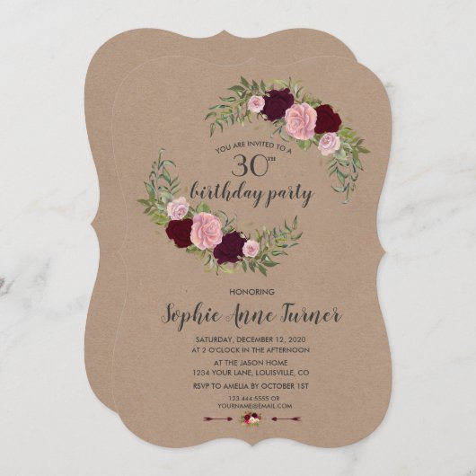 マルサラ素朴フローラクラフト紙誕生日パーティー 招待状 (正面/裏面)