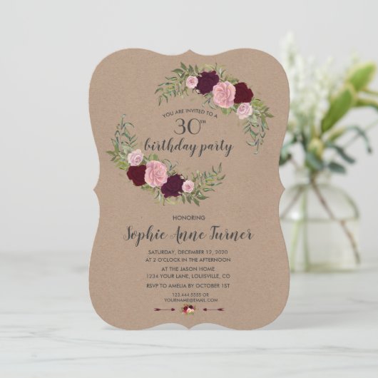 マルサラ素朴フローラクラフト紙誕生日パーティー 招待状 (スタンド正面)