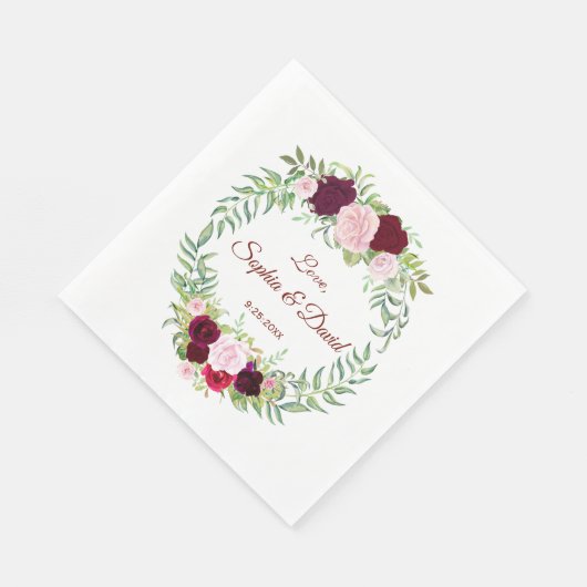 マルサラ素朴フローラリースブルゴーンディーウェディングRSVP スタンダードランチョンナプキン (角)