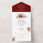 マルサラ色、バーガンディー色、ブッシュ色、グリーンオータムフローラル オールインワン招待状 (内側)