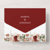 マルサラ色、バーガンディー色、ブッシュ色、グリーンオータムフローラル オールインワン招待状 (裏面)