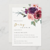 マルサラ赤面バラ水彩フローラベビーシャワー インビテーションポストカード (正面/裏面)