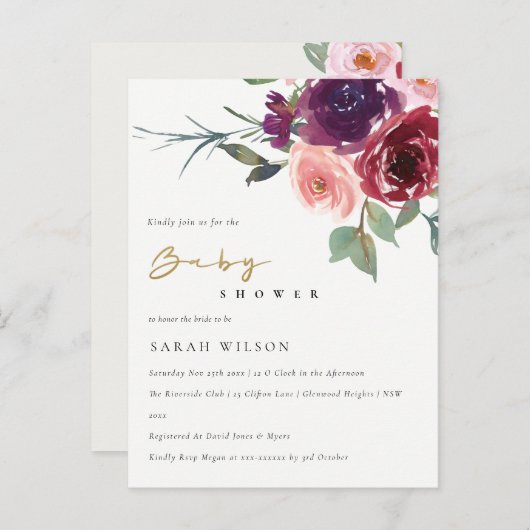 マルサラ赤面バラ水彩フローラベビーシャワー インビテーションポストカード (正面/裏面)